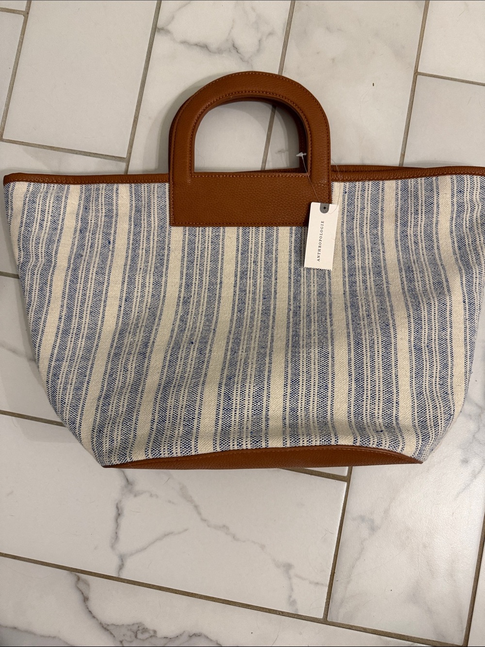 Anthropologie Blue and Cream Striped Canvas Tote with Tan Leather Trim